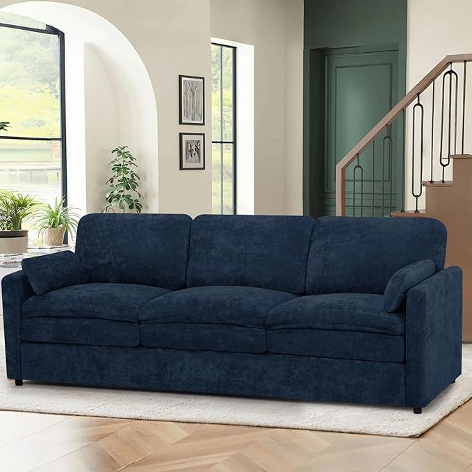 89” Chenille Sofa w/Arm Pillows, Upholstered 3-Seater Sofa w/Comfortable Back Cushions, Modern 3 Seats Couch w/High-Density Foam for Living Room, Apartment, Office, Blue