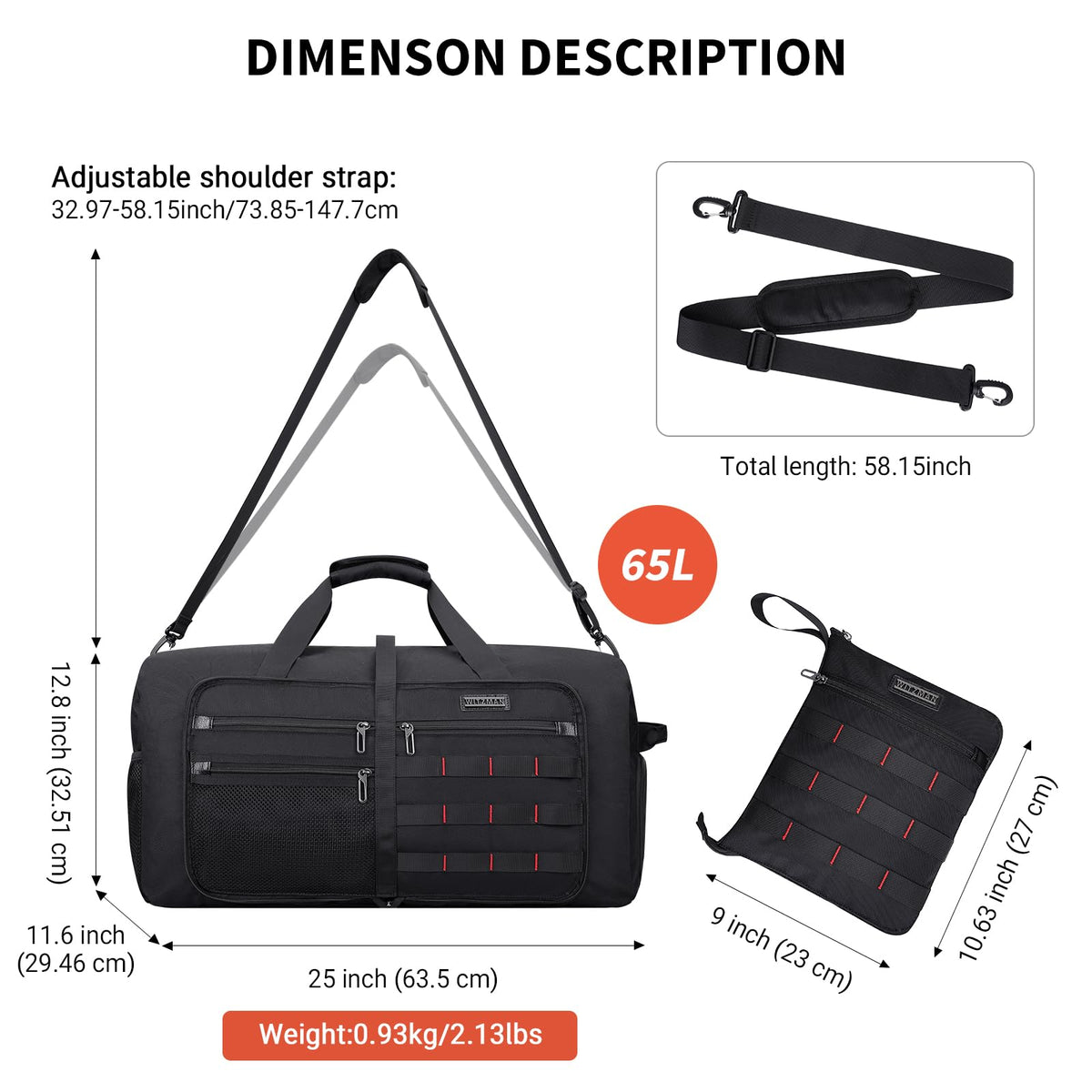 WITZMAN Foldable Duffle Bag for Men Large 65L Travel with Shoe Compartment