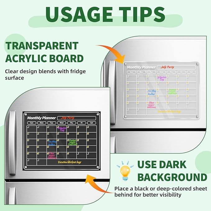 FINDMAG Acrylic Dry Erase Magnetic Calendar for Fridge, Magnetic Calendar for Refrigerator, Clear Monthly and Weekly Meal Planner Fridge Magnets, Chore Chart for Kids with 8 Colors Markers