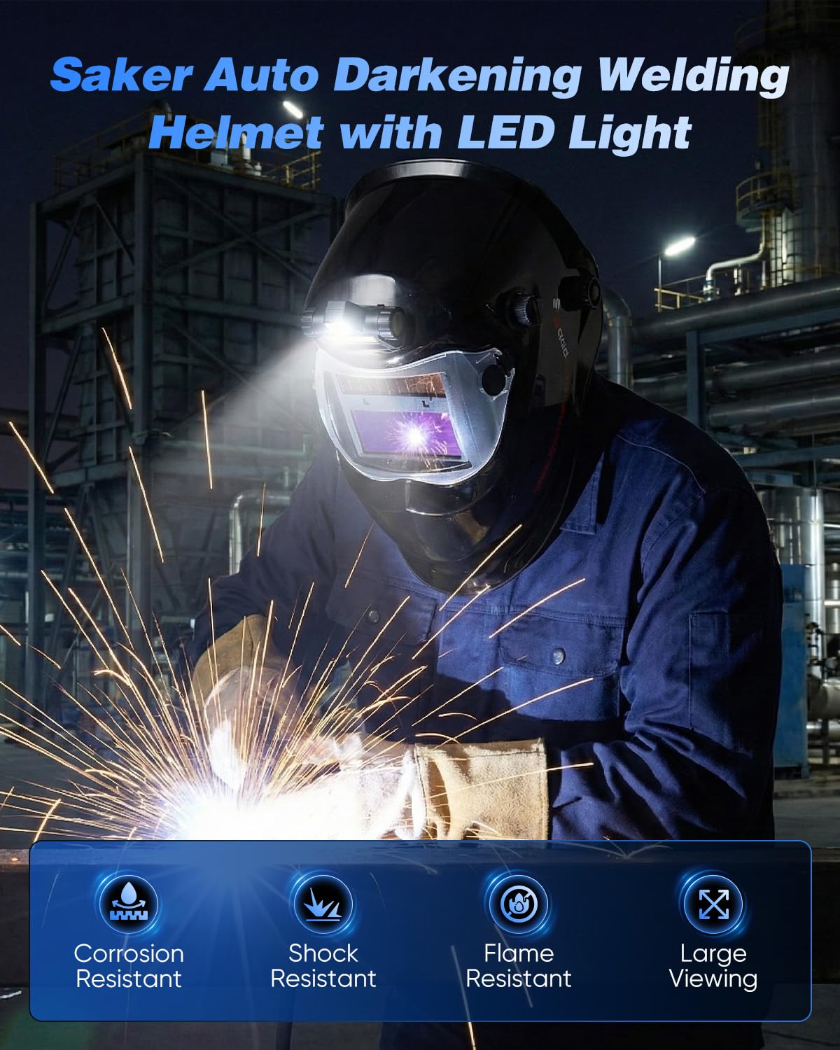 Saker Auto Darkening Welding Helmet with LED Light, 1/1/1/2 Optical Class, True Color View, Solar Powered with 2 Arc Sensors, Shade 9-13 Welding Mask for MIG, TIG, Stick Welding