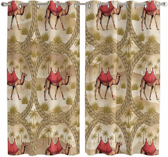 2 Panel Kitchen Cafe Curtains, Desert Camels Sunlight Filtering Nature Air
