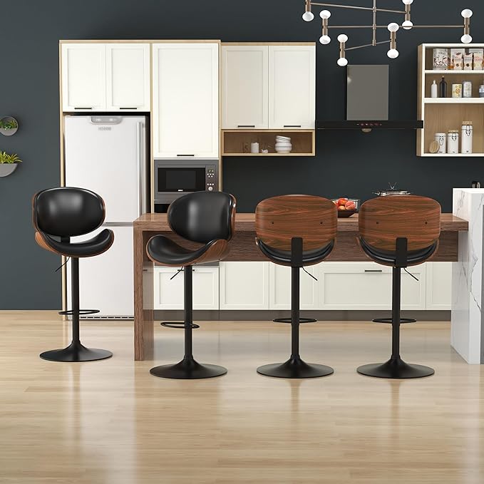 KCC Bar Stools Set of 6, Swivel Adjustable Height Barstools, PU Leather Upholstered Bar Chairs with Footrest, Bentwood Bar Stool for Kitchen, Bar, Dining Room(Black PU)