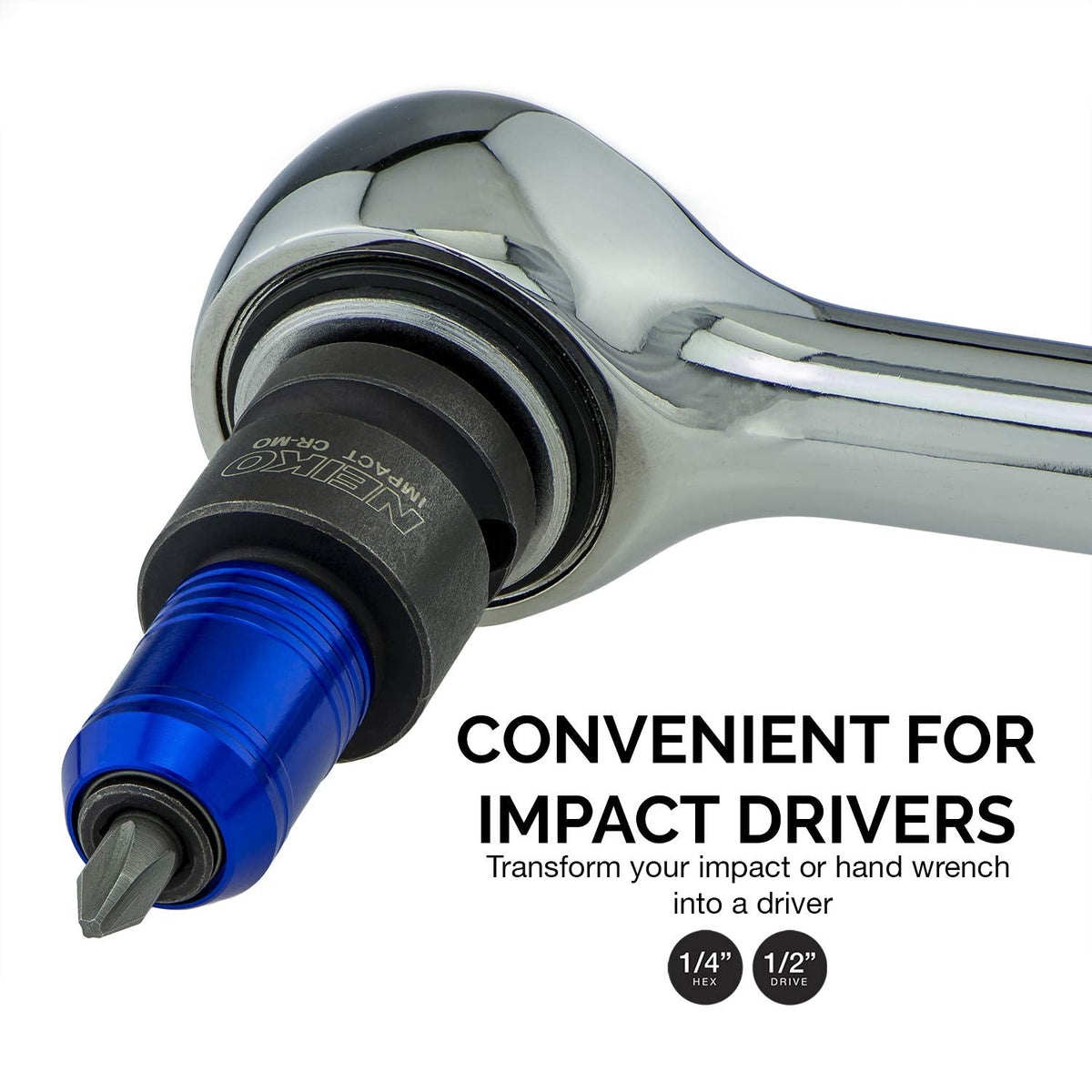 Neiko 30275A Impact Wrench Adapter for Ratchet-Wrench Drivers, 1/2-Inch-Drive Female to 1/4-Inch Hex Converter, Quick-Change Chuck, CrMo Steel