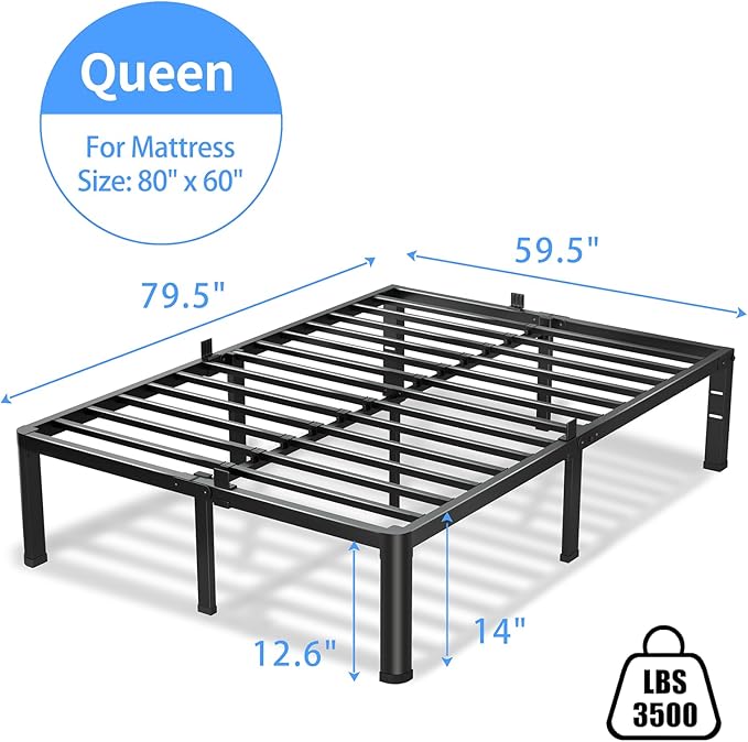 14 Inch Queen Bed Frame, 3500Lbs Heavy Duty Metal Platform with Round Corner Legs Mattress Slide Stopper, Steel Slat Support No Box Spring Needed, Noise Free, Non-Slip, Easy Assembly