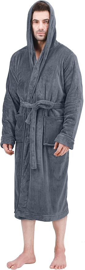 NY Threads Mens Robe with Hood, Luxury Plush Fleece Hooded Mens Bathrobe, Spa Bath Robe for Men