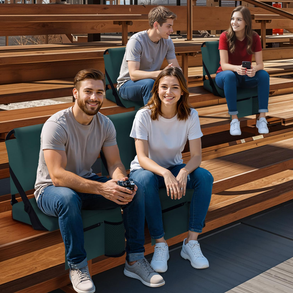 ACIPENSER 2pcs Stadium Seat for Bleachers with Back Support，Portable Bleacher Chairs with Back and Cushion，Includes Shoulder Strap and Cup Holder，Green