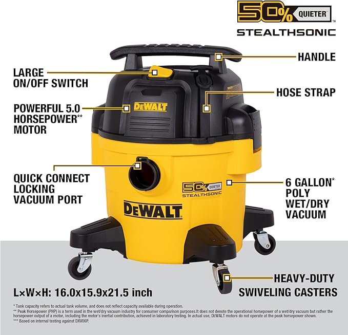 DEWALT 6 Gallon STEALTHSONIC Wet Dry Shop Vac, Powerful Suction & Portable Shop Vacuum with Attachments, Ultra Quiet Heavy Duty Shopvac for Home, Garage, Car, Workshop, Jobsite, DXV06P-QT, 5 Peak HP