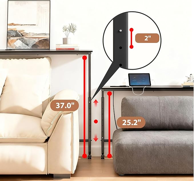 39 inch Narrow Console Table with Outlet,Adjustable Height(25"-37") Behind Sofa Table,Couch Behind Table Skinny,Couch Shelf with Charging Station,Long Entryway Tables for Living Room,Black
