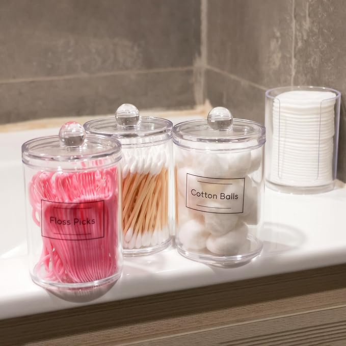 4 Pack Acrylic Qtip Holder Dispenser,Canisters Apothecary Jar Set, Bathroom Organizers and Storage,10 oz with 1Gap
