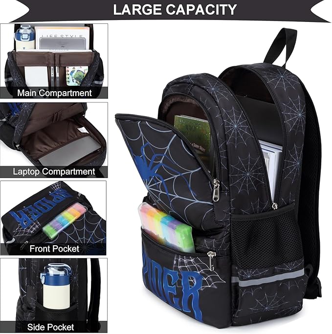 DSIUE Kids School Backpack Boys Spider Bookbag with Lunch Box Set, Kids Backpack for Kindergarten Elementary Middle School, Red