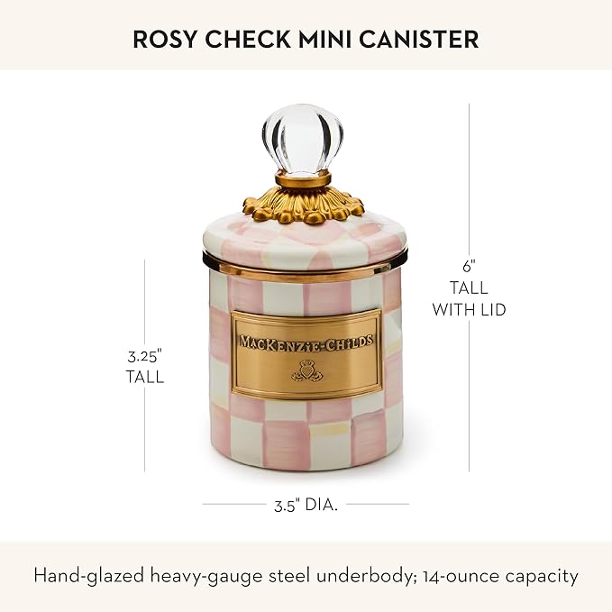 MACKENZIE-CHILDS Rosy Check Enamel Canister, Pink-and-White Kitchen Storage Container with Lid, Mini