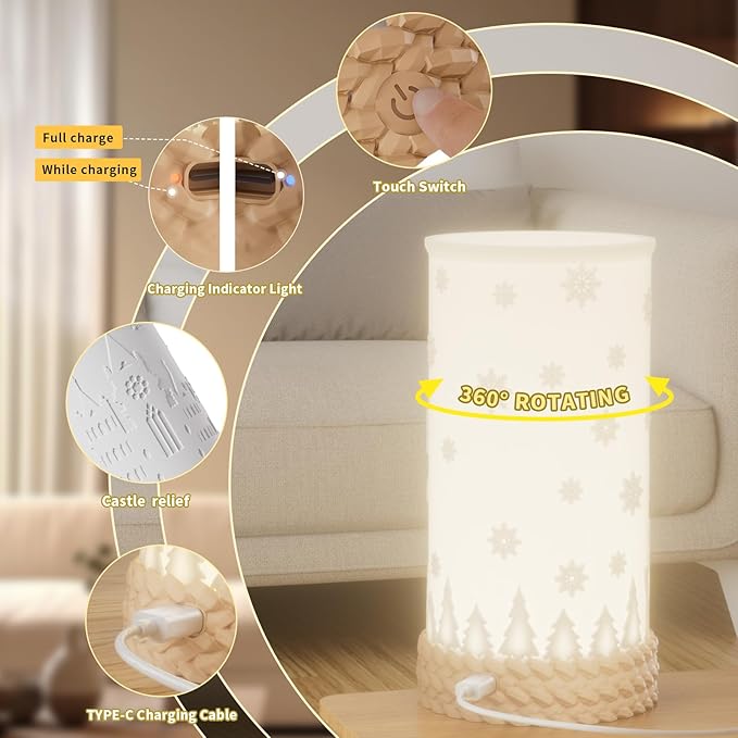 Rechargeable Touch Control Table Lamp, 3-Way Dimmable LED Bedside Lamp with Novelty Lithophane Shade and Rotation Base for Bedroom, Living Room, Office