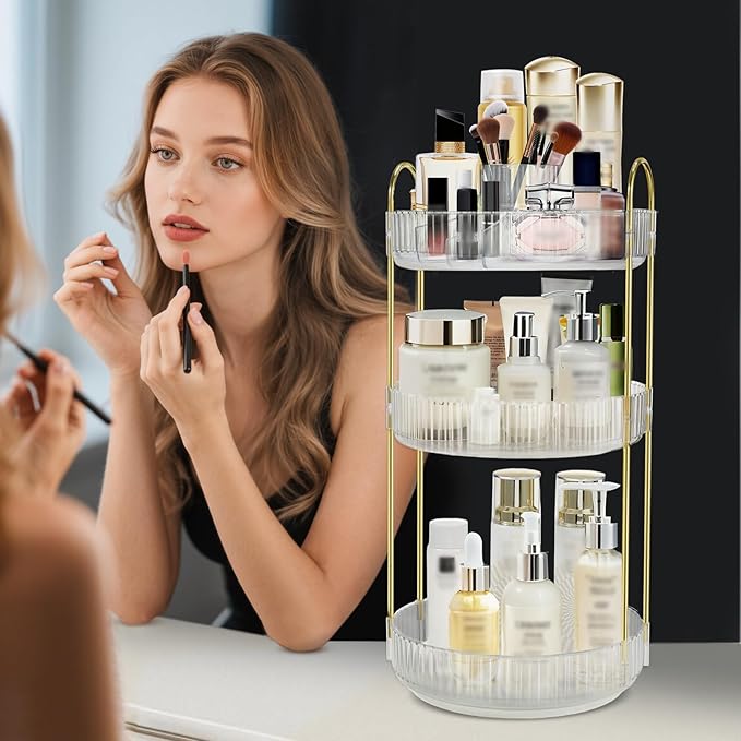360 Rotating Makeup Organizer for Vanity,3 Tier Large Capacity Skincare Organizers,Bathroom Counter Organizer, transparent Spinning Perfume Organizer & Vanity Organizer (NEW-White, 3 Tier)