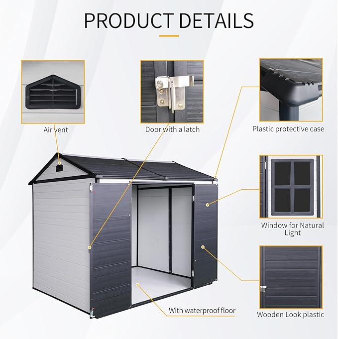 8x6 FT Outdoor Storage Resin Shed with Floor, Waterproof Plastic Garden Tool Shed with Windows, Vents & Lockable Door and Sloped Roof, Easy to Assemble Bike Shed for Patio, Backyard, Lawn, White