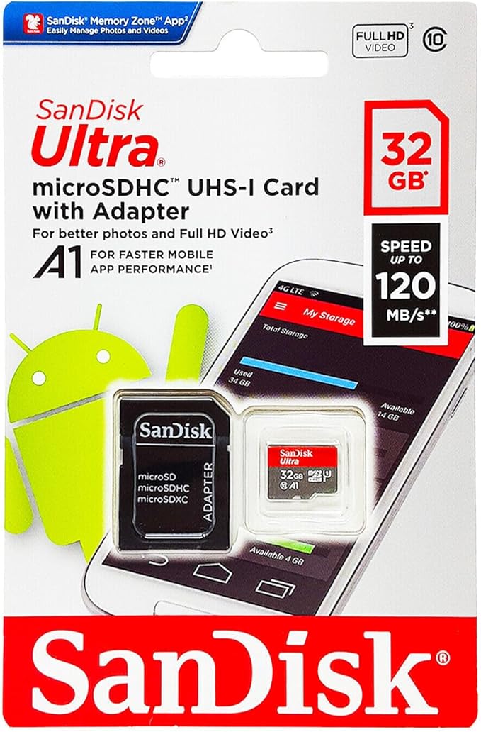 SanDisk 32GB Ultra microSDHC UHS-I Memory Card with Adapter - 98MB/s, C10, U1, Full HD, A1, Micro SD Card - SDSQUAR-032G-GN6MA