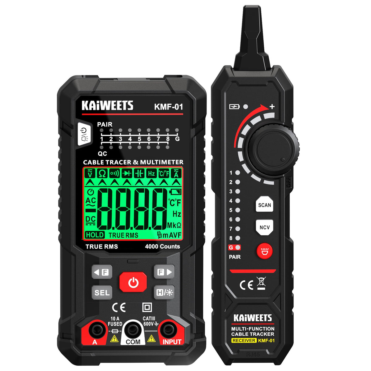 KAIWEETS 3-in-1 Multimeter & Cable Tracer Kit, Auto-Ranging Digital Multimeter with True RMS 4000 Counts, RJ45/RJ11 Wire Tracing & NCV Voltage Detector for Electricians, Home DIY & Auto Repair KMF-01
