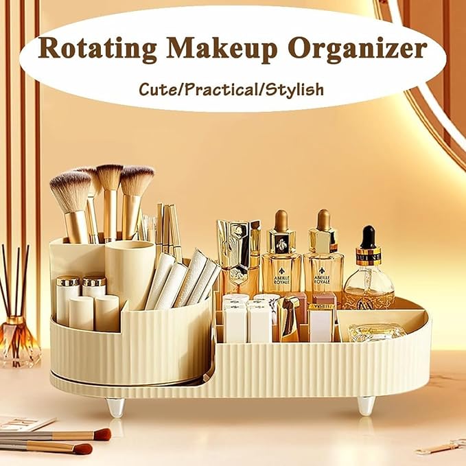 Rotating Cosmetic Organizer, Plastic Countertop Makeup Organizer with Makeup Brush Holder, Large Capacity Cosmetic Display Case, Countertop Makeup & Perfume Organizer with 9 Partitions (White)