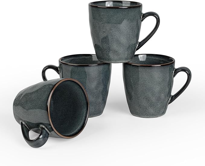 famiware Coffee Mugs Set of 4, Ocean Round 11.5oz Coffee Cup Set with Handle for Cocoa, Milk, Hot Chocolate, Tea or Water, Stoneware Cups for Kitchen, Microwave Dishwasher Safe, Deep Forest