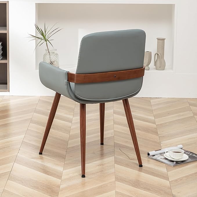 LUNLING Mid Century Modern Dining Room Chairs Set of 2 Accent Faux Leather Chair Bentwood Frame with Armrest,Upholstered Seat,Metal Legs Chair,Adjustable Foot for Kitchen Room Desk Chairs(Blue)