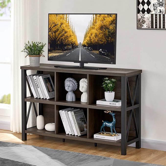 FATORRI Rustic 6 Cube Storage Organizer with Shelf, Wood and Metal Cubby Bookcase, Industrial Horizontal Bookshelf for Living Room, Home Office (Walnut Brown, 47 Inch)