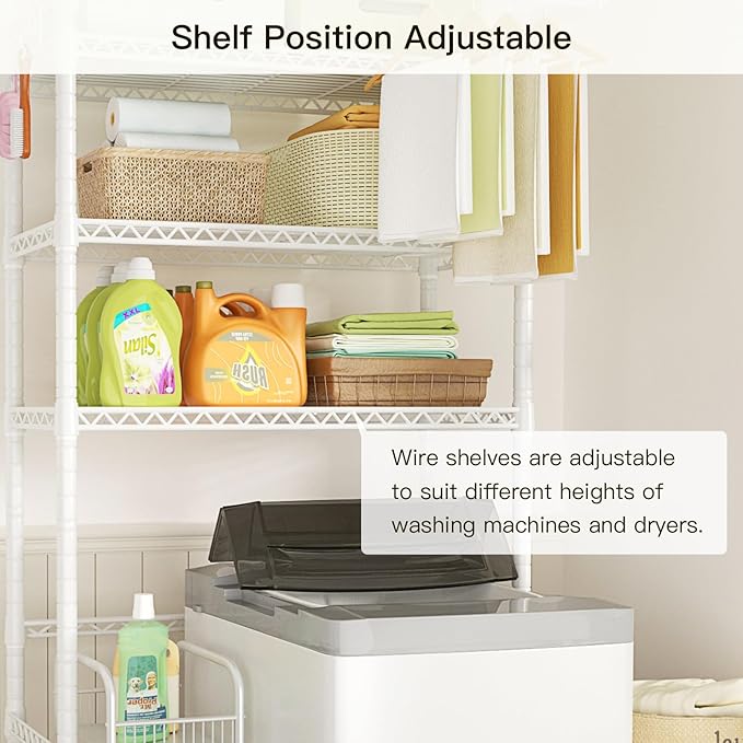 Ulif U11 Over Washer and Dryer Shelves, 3 Tiers Laundry Room Storage and Organizer Standing Shelf, Metal Freestanding Clothes Drying Rack, 33.9" W x 19.7" D x 77.6" H, White