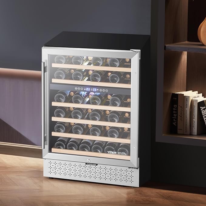 VEVOR Wine Cooler, 46 Bottle Dual Zone Wine Fridge, Built-in & Freestanding Fridge with Glass Door, Adjustable Shelves, Digital Temperature Control, Wine Cooler Refrigerator for Home, Office, Bar