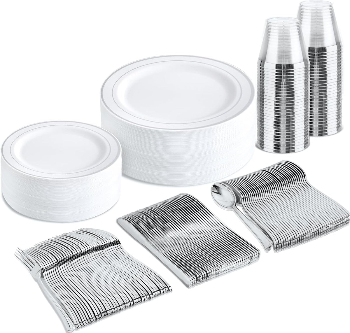 bUCLA 600PCS Clear Rose Gold Plastic Dinnerware Set Disposable - Include 100 Dinner Plates, 100 Dessert Plates, 100 Knives, 100 Forks, 100 Spoons, 100 Cups for Party & Wedding
