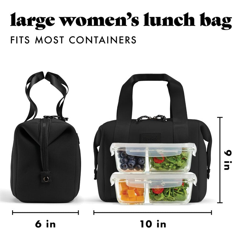 Fit & Fresh Remi Lunch Bag for Women Work – Neoprene Lunch Tote with Containers & Ice Pack, Reusable Meal Prep Lunch Box, Large Capacity, Machine Washable, Black