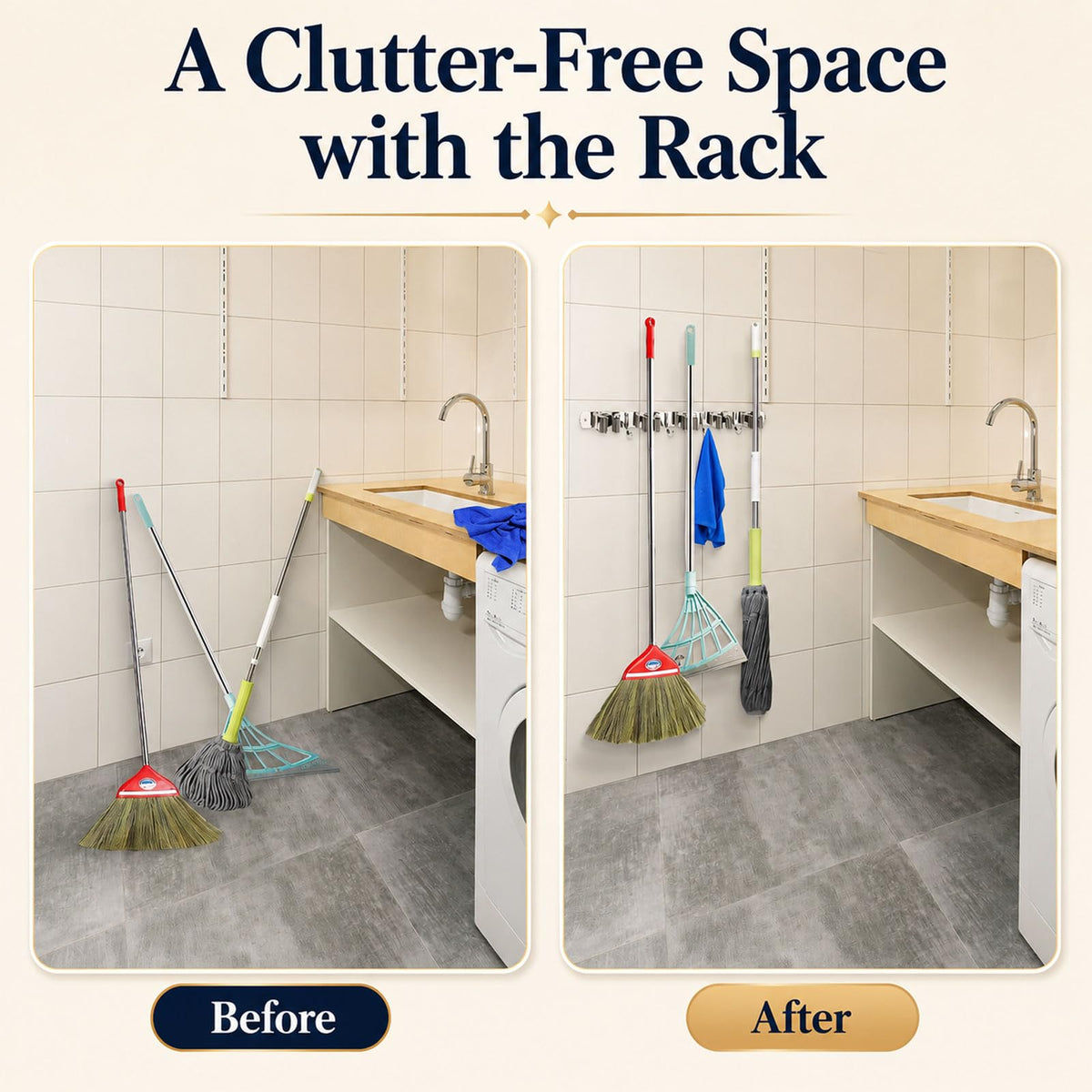 voze 5 Racks and 4 Hooks Mop and Broom Holder Wall Mount, Self Adhesive Heavy Duty Broom Hanger Organizer Storage Tool Racks for Kitchen Garden Laundry Garage
