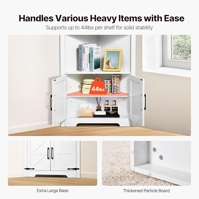 VEVOR 68" Tall Corner Storage Cabinet, 6 Tiers Farmhouse Storage Cabinet with 4 Wooden Doors & Adjustable Shelves, Freestanding Corner Kitchen Cabinet for Living Room, Kitchen, Laundry Room, White