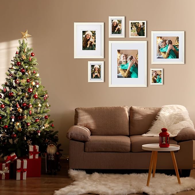 Egofine 11x14 Picture Frame Made of Solid Wood with Plexiglass, Display Pictures 5x7/8x10 with Mat or 11x14 Without Mat for Tabletop and Wall Mounting, Beige