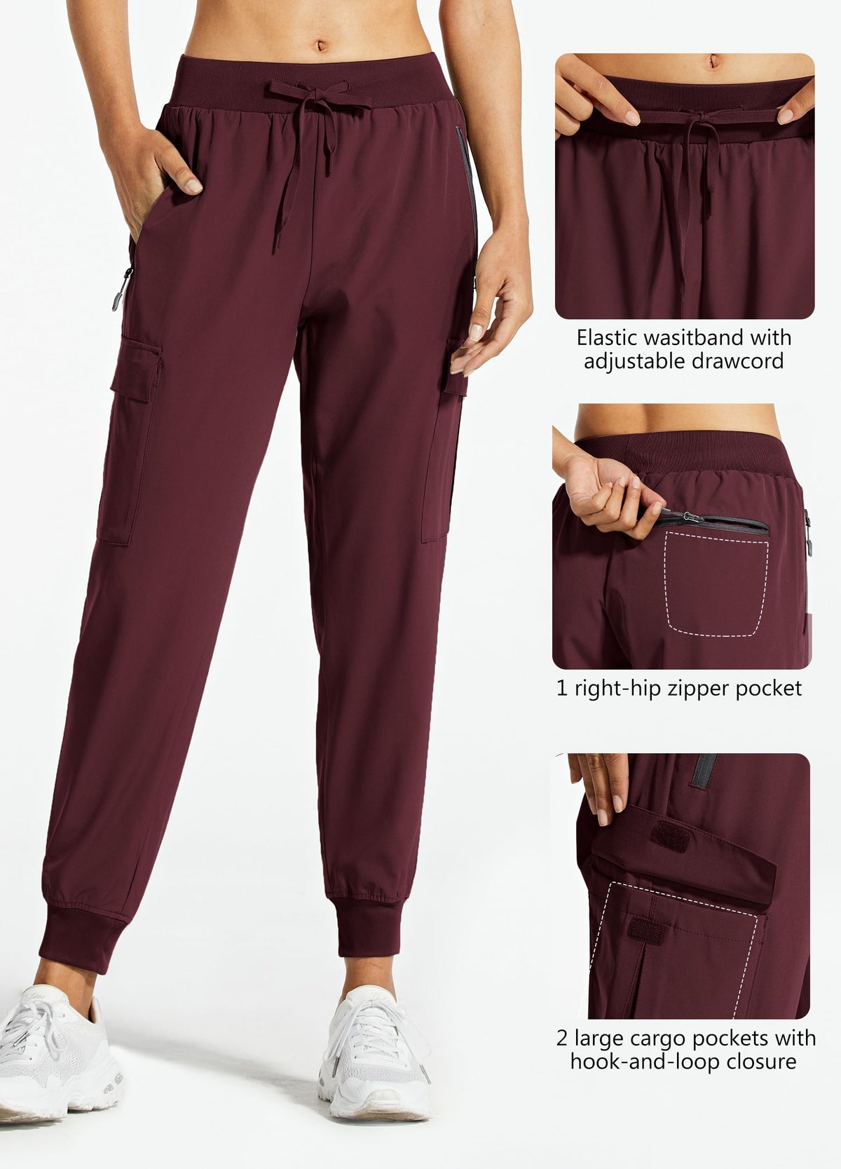 Libin Women's Cargo Joggers Lightweight Quick Dry Hiking Pants Athletic Lounge Casual Travel, Wine Red XXL