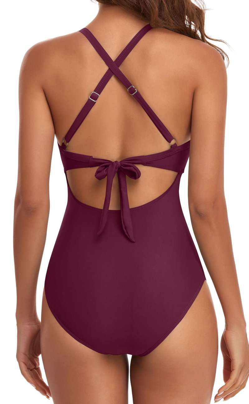 Eomenie Women's One Piece Swimsuits Tummy Control Cutout High Waisted Bathing Suit Wrap Tie Back 1 Piece Swimsuit Wine Red