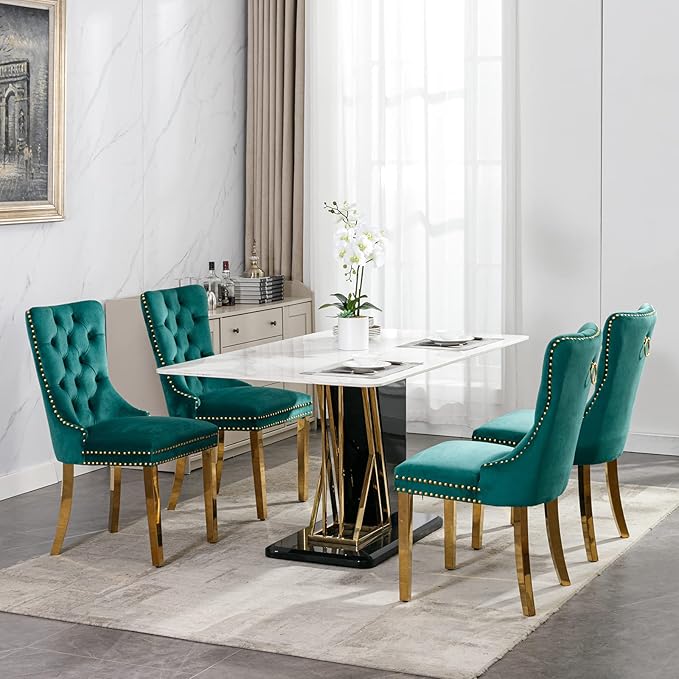 Luxury Upholstered Dining Chairs Set of 6, Green Kitchen Chair with Golden Metal Legs, Velvet Tufted Back Dining Chair, Sillas de Comedor, Modern Kitchen & Dining Room Chairs (Green, 6 Pcs)