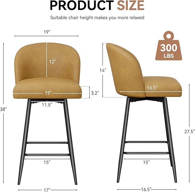 Counter Height Bar Stools Set of 4,360° Swivel Barstools with High Back and Metal Legs,26" Seat Height, Upholstered PU Leather Bar Chairs for Kitchen Island, Dining Room,Cafes,Yellow