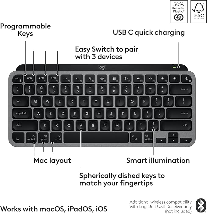 Logitech MX Keys Mini for Mac Minimalist Wireless Keyboard, Compact, Bluetooth, Backlit Keys, USB-C, Tactile Typing, Compatible with MacBook Pro & Air,iMac,iPad - Space Grey