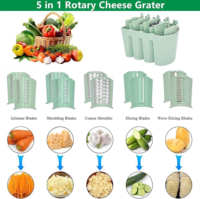 AYUBOC 5 in 1 Rotary Grater, Kitchen Artifact 5 in 1 Food Chopper, AYUBOC 5 in 1 Gourmet Cheese Grater, 5 in 1 Cheese Grater, 5 in 1 Hand Crank Food Chopper-Green|5 Group Blades