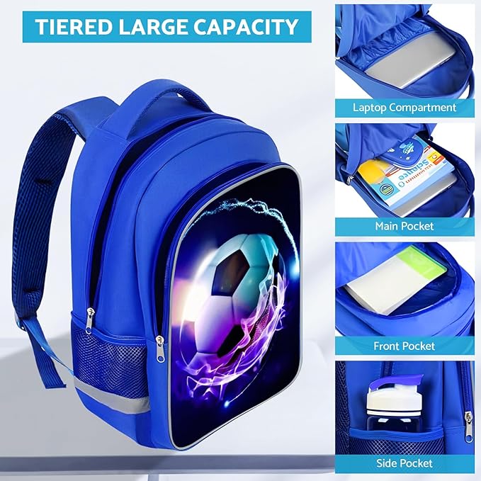 School Backpack for Boys - Soccer Boys Backpack for Kids Children Teens Elementary Middle School - Students Bag for Ages 6-18,17″Bookbag Multifunctional Large Capacity