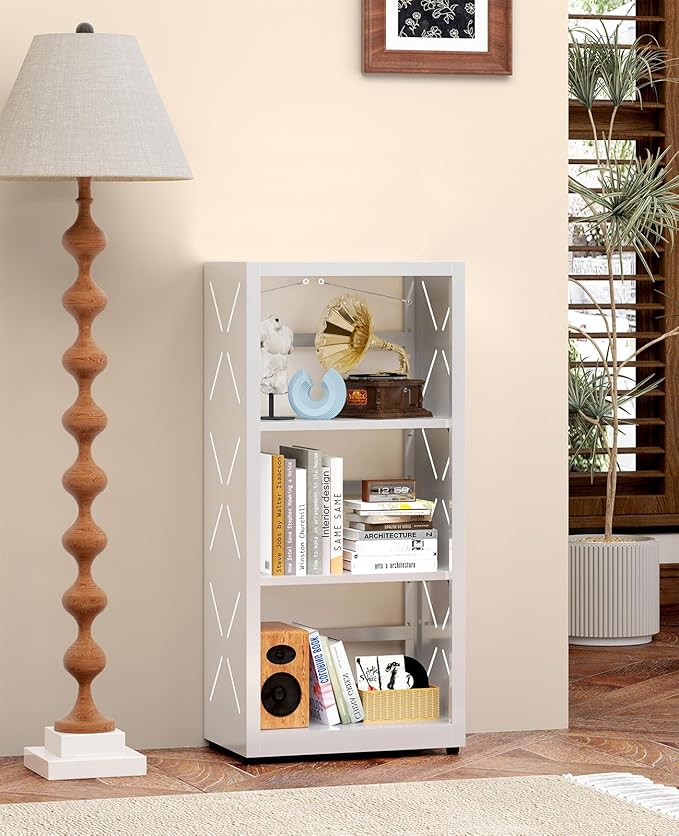 3 Tier Bookshelf, Adjustable Metal Bookcase with Anti-Tip Kit & Leveling Feet, Heavy-Duty Metal Storage Organizer, Modern Corner Shelves for Living Room, Kitchen, Office