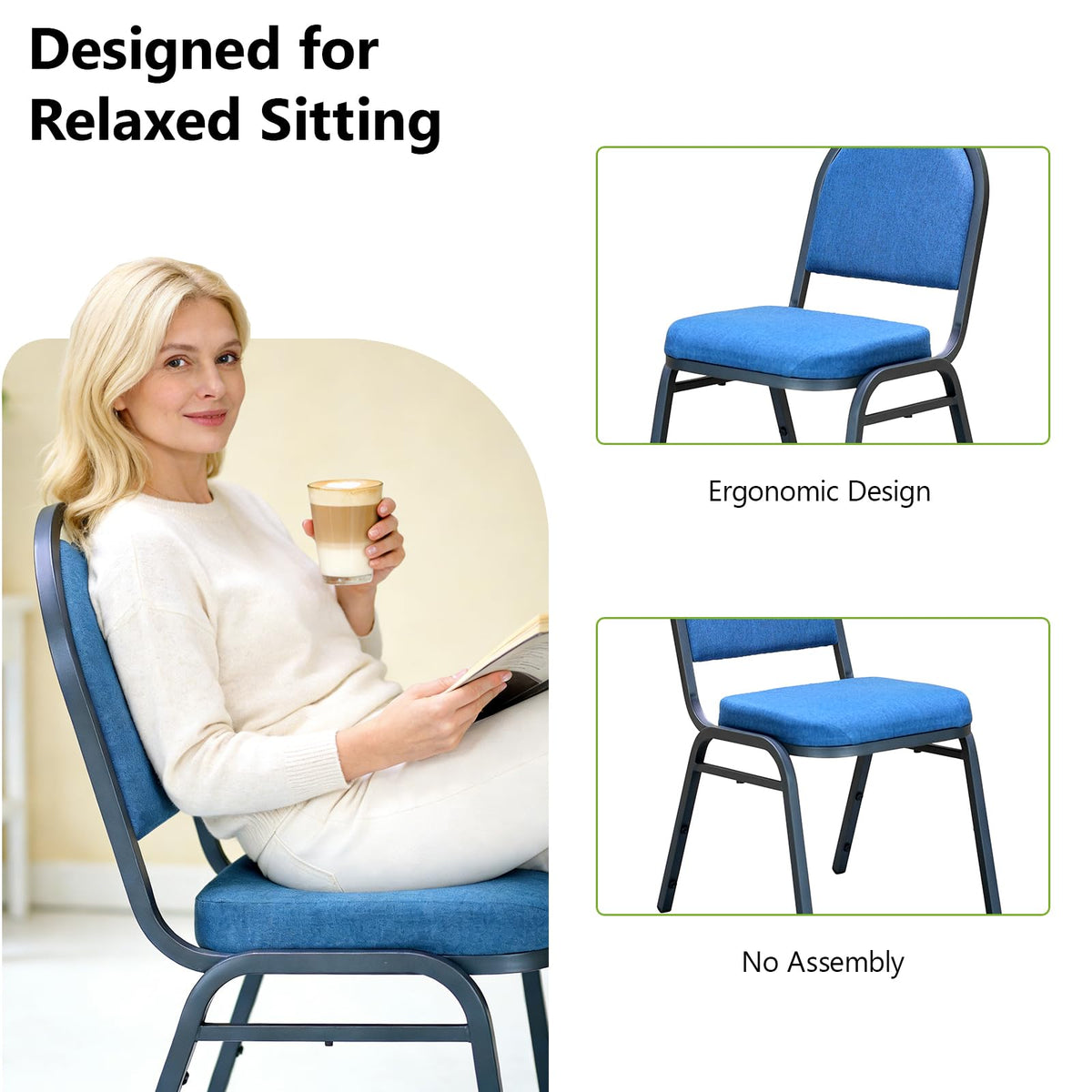 MAKE CHANGES Stackable Banquet Dining Chairs 4 Pack, Upholstered Crown Back Event Chairs with Blue Fabric Seat, Heavy Duty Steel Frame, 300 lb Capacity, No Assembly, for Restaurant Wedding Conference