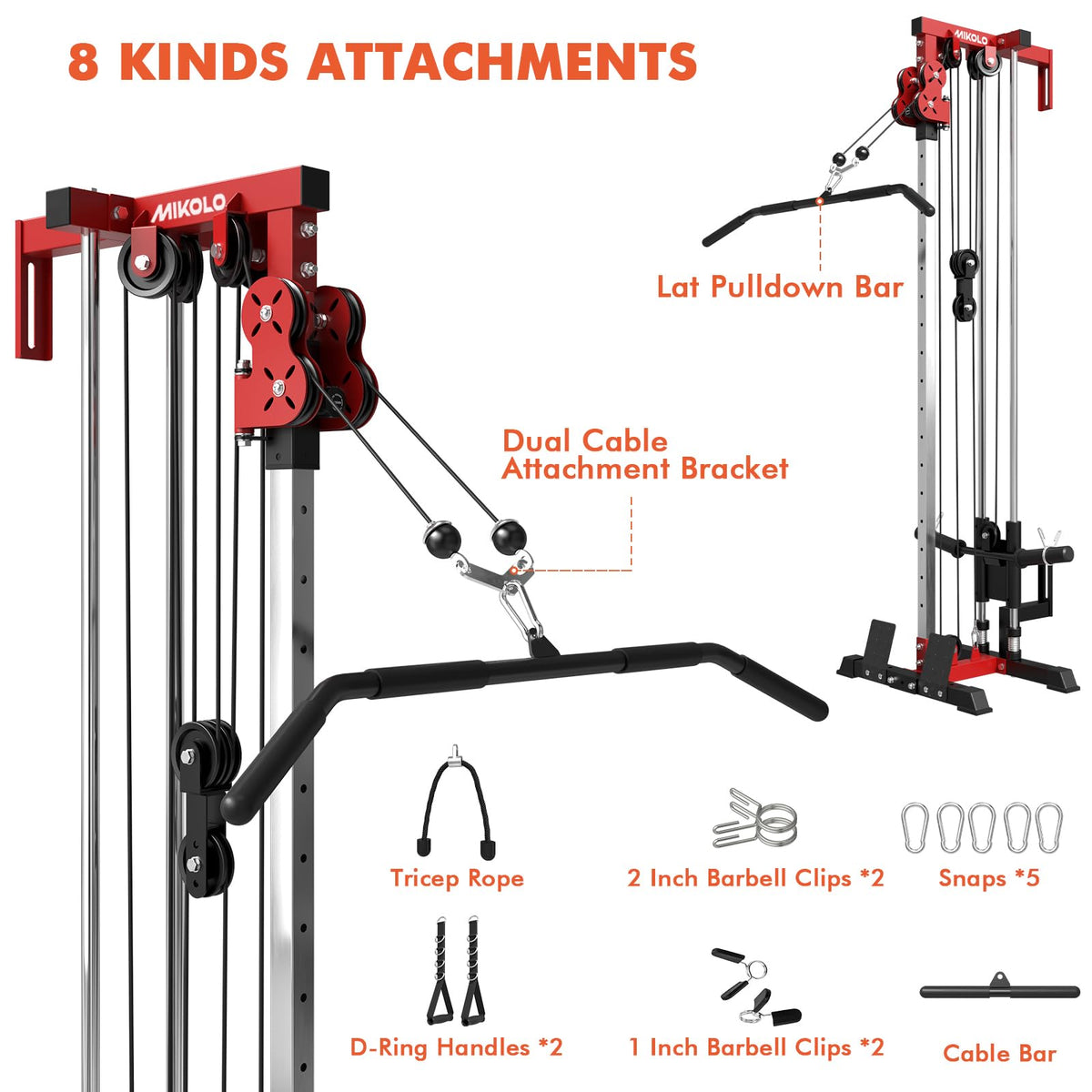Mikolo Wall Mount Cable Station, Cable Crossover Machine with Dual Pulley System and 19 Adjustable Positions for Home Gym Fitness Equipment, Red