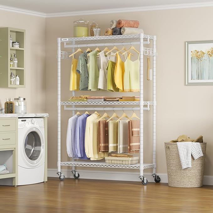VIPEK R2 Plus Rolling Garment Rack 3 Tiers Adjustable Wire Shelving Clothes Racks with Wheels, Freestanding Wardrobe Storage Rack Heavy Duty Metal Clothing Racks for Hanging Clothes, White