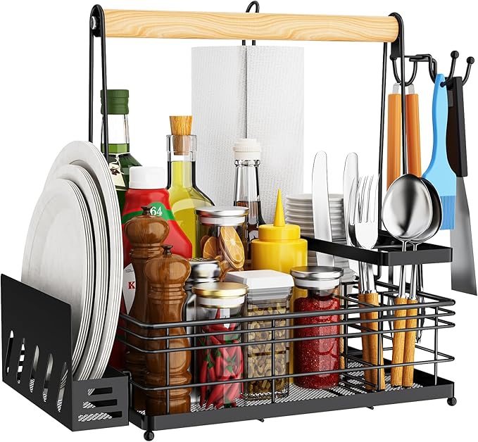 JBBTOOL Grill Caddy, BBQ Caddy with Paper Towel Holder & Utensil Holder, Picnic Caddy Organizer for Outdoor Cooking, Camping Essentials, Tailgating, Camping Must-Have for Patio, RV, Camper