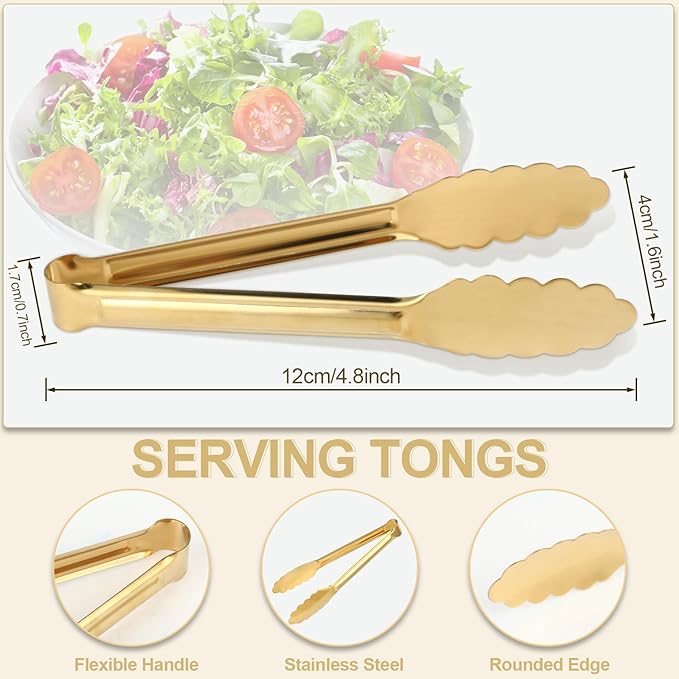 4 Pack Gold Tongs for Serving Food, 9 Inch Serving Tongs for Buffet, Party Salad Tongs for Stainless Steel Utensils, Metal Kitchen Tong for Steak, Appetizer, Snack and Small Food