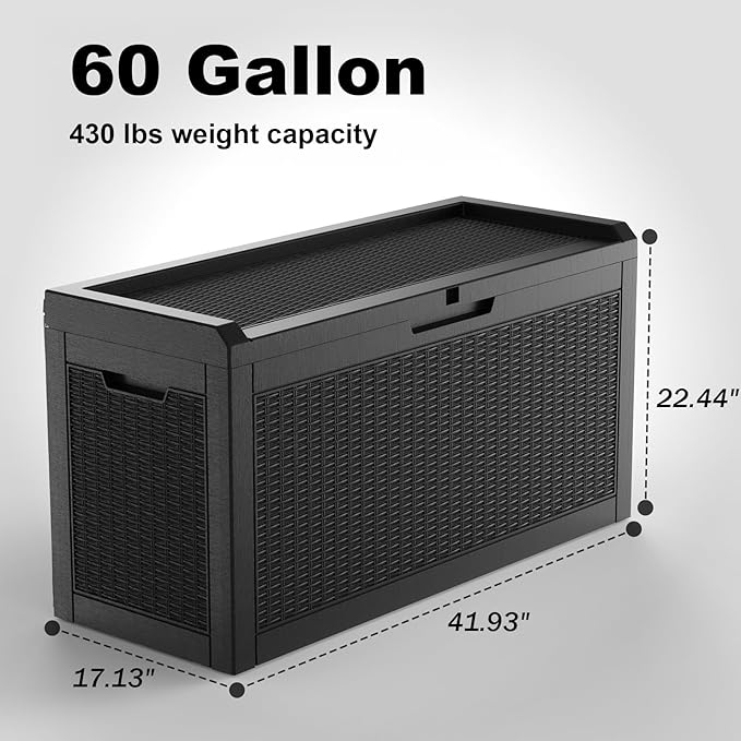 Vixzen 60 Gallon Outdoor Deck Box,Lockable Resin Waterproof Storage Box,UV Resistant,Weather Resistance,Outside Storage Bin for Gardening Tools,Pool Supplies,Black
