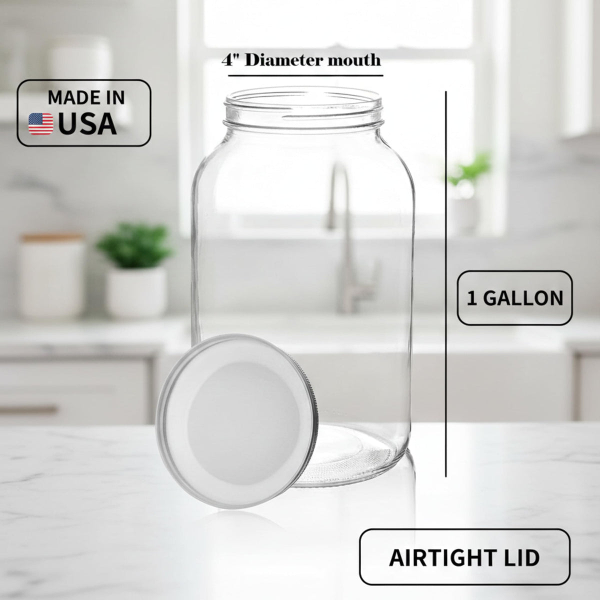 kitchentoolz 1 Gallon Glass Jar with Lid – Gallon Mason Wide Mouth Large Glass Jar for Fermenting, Pickling, Canning, Fermentation Jar, Kombucha, and Food Storage – 1 Gallon Jar Made in USA