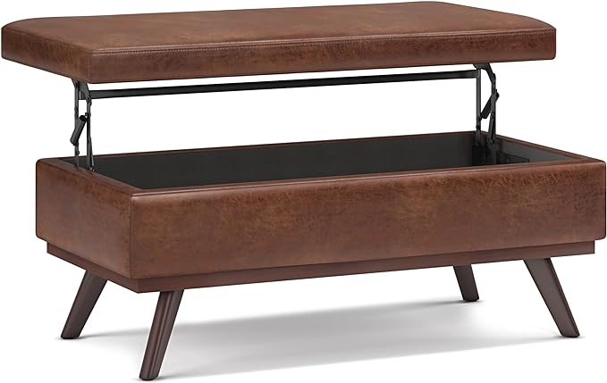 SIMPLIHOME Owen Lift Top Coffee Table Storage Ottoman - 42 inch Wide Upholstered Vegan Leather Rectangular Lift-Top Ottoman in Distressed Saddle Brown, Mid-Century Modern Ottoman for Living Room