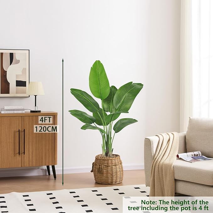 2 Pack Birds of Paradise Plant Artificial, 4FT Fake Plants Faux Banana Leaf Tree with 9 Banana Leaves, Lifelike Tall Fake Tropical Indoor Silk Floor Plant in Black Pot for House,Office,Room,Home Decor