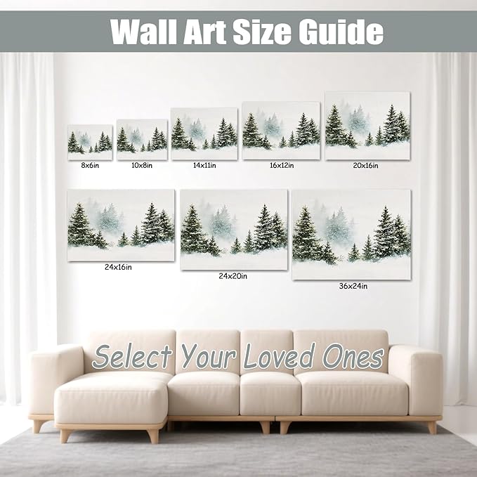 Rustic Pine Tree Christmas Canvas Wall Art - Snowy Winter Forest Landscape Framed Print for Living Room, Vintage Christmas Wall Decor, Cozy Christmas Gifts & Festive Winter Decor