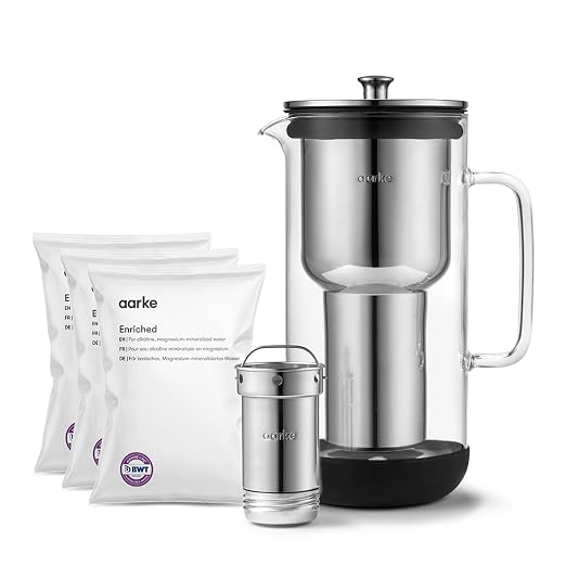 Aarke Purifier Regular 1.18L Glass Pitcher Bundle w/Steel Filter, 3 Enriched +